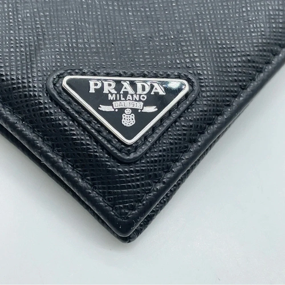 Prada Triangle Logo Saffiano Leather Black Bifold Wallet W/Box Authentic
